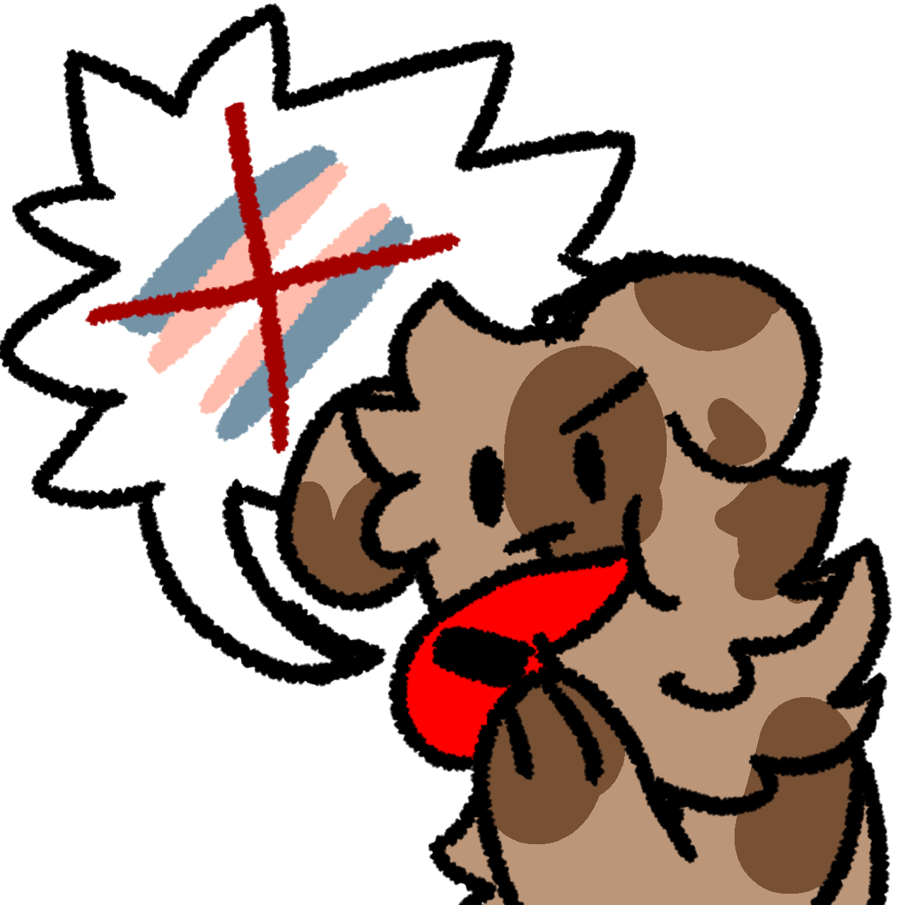 ID: a tan dog with brown spots blowing a whistle, which has a spiky speech bubble coming out of it. Inside the speech bubble is the transgender flag with a red X over it.